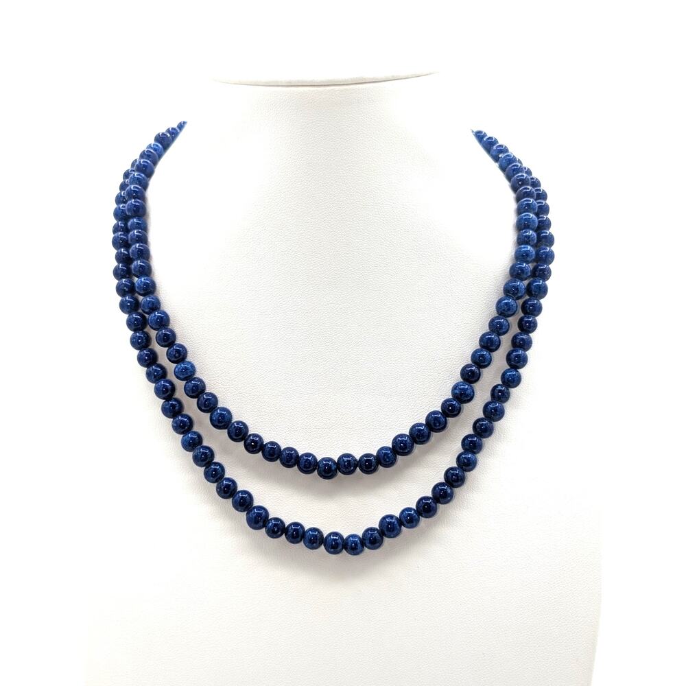 Vintage Double Strand 6mm Lapis Lazuli Beaded Gold Tone Slide In Clasp Necklace